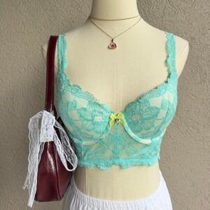 Victoria's‎ Secret Turquoise Blue Lace Corset Bra Sz 32D Lined Demi Double Fairy